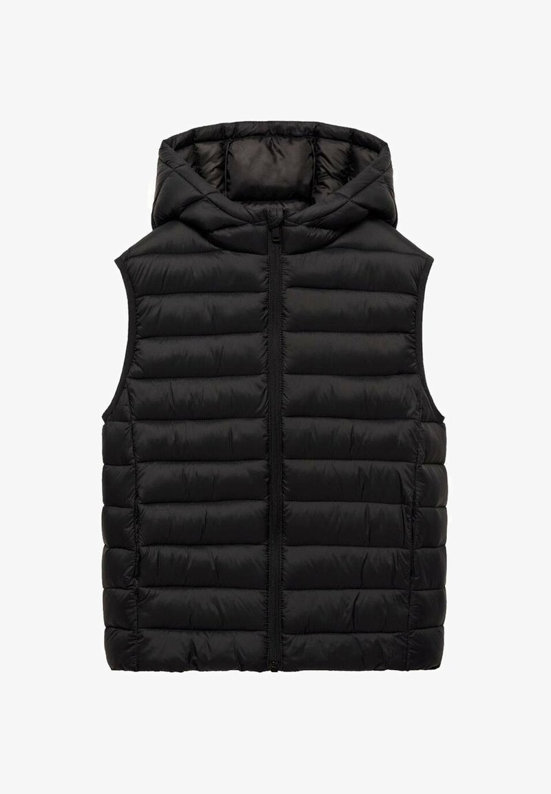 Musta toppaliivi, jossa on huppu, vetoketju edessä ja vaakasuorat tikatut osiot eristystä varten. Sileä, kiiltävä pinta.