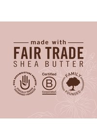 Made with fair trade shea butter, ethically traded and sustainably produced, Certified B Corporation, family-founded, with a hand and tree logo.