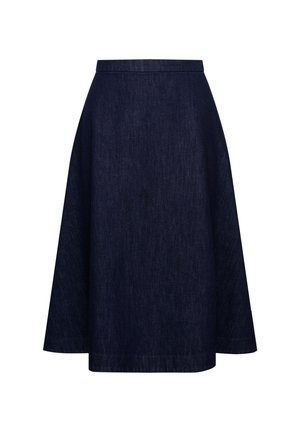 Gonna di jeans blu scuro, a linea ad A, lunghezza al ginocchio, con cinturino aderente e senza chiusure o decorazioni visibili.