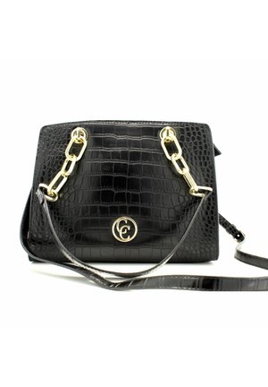 Borsa nera realizzata in materiale lucido con effetto coccodrillo, dotata di accessori in metallo dorato, logo anteriore e una tracolla removibile.