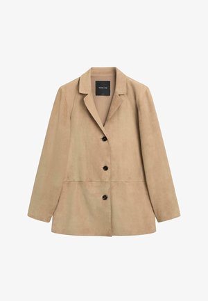Beige ruskindblazer med nedslagne revers og tre sorte knapper foran, lange ærmer, designet til kvinder.