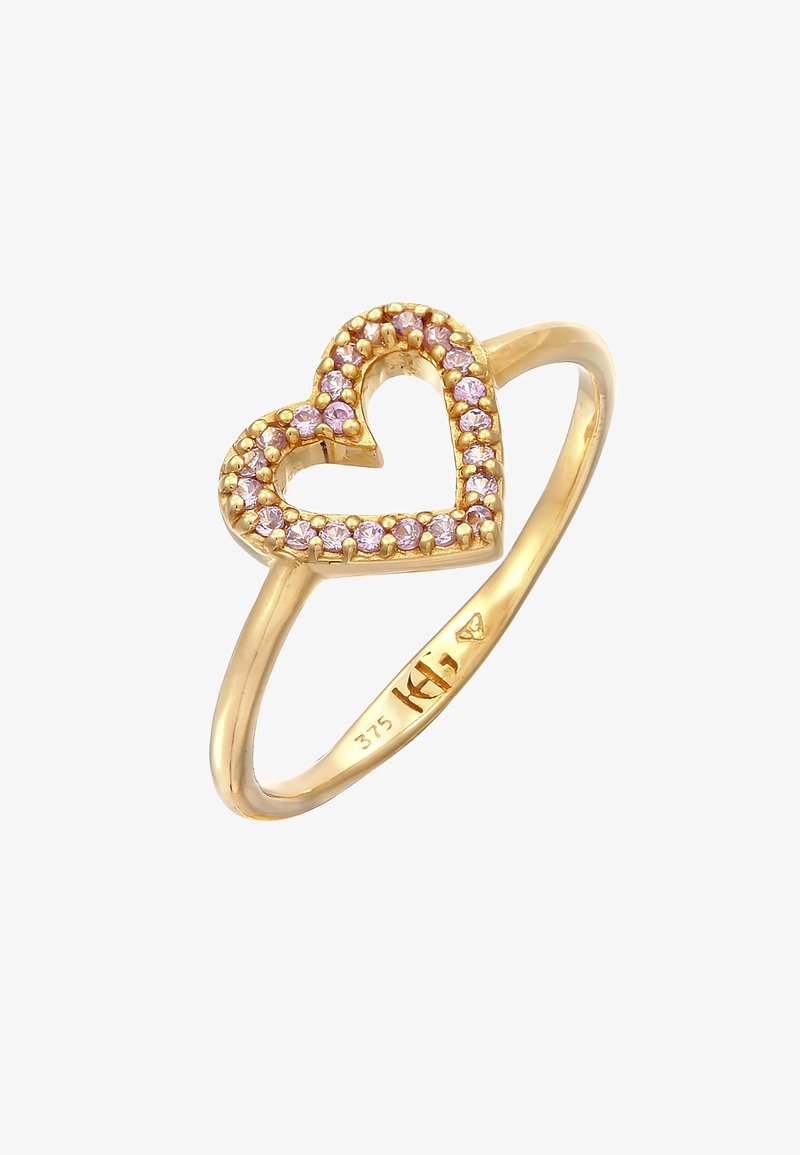 Guld ring i hjärtform med rosa stenar i en upphöjd design. Ringen har en slät och polerad band, märkt med "375" för guldrenhet.