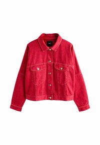 Red denim jacket with a collared neck, two front pockets, silver buttons, and contrasting stitching. Features a cropped fit and relaxed sleeves.