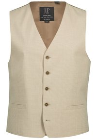 Beige Weste aus strukturiertem Stoff, mit V-Ausschnitt, fünf Knöpfen mit glatter Oberfläche und einer einzelnen Fronttasche auf der linken Seite.