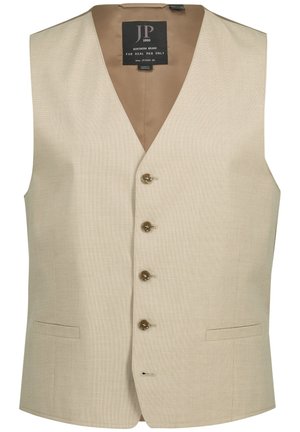 Beige vesta s texturovanou tkaninou, designem ve tvaru V, pěti knoflíky s hladkým povrchem a jednou přední kapsou na levé straně.