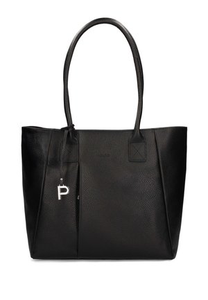 Borsa tote in pelle nera testurizzata con due spallacci e un piccolo ciondolo argentato a forma di "P" appeso sul lato sinistro.