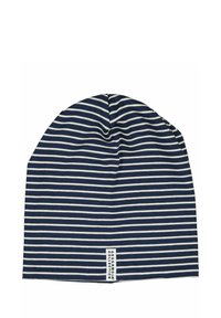 Merinoväri ja valkoinen raidallinen pipo, joka on valmistettu joustavasta kankaasta. Pipossa on ommeltu etiketti alareunassa ja pyöreä huippu, jossa on hentoa rypytystä.