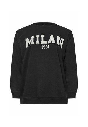 Zwarte sweatshirt met daarop "MILAN" in grote witte letters en het jaar "1991" eronder, met ribbelboord bij de ronde hals en lange mouwen. Zachte textuur.