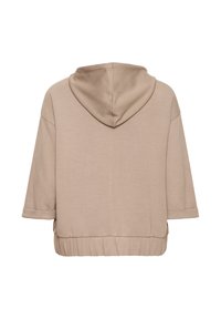 Sweat à capuche beige court avec manches courtes, taille élastique et coupe décontractée, présenté de dos sur fond blanc.