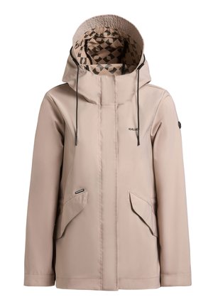 Beige Kapuzenjacke mit schwarzen, verstellbaren Kordeln, geometrisch gemustertem Innenfutter, aufgesetzten Taschen vorne und langen Ärmeln.