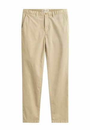 Beige Baumwollhosen mit geradem Bein, Gürtelschlaufen, seitlichen Taschen, Knopfverschluss und GANT Markenschild im Bundinnenseite.