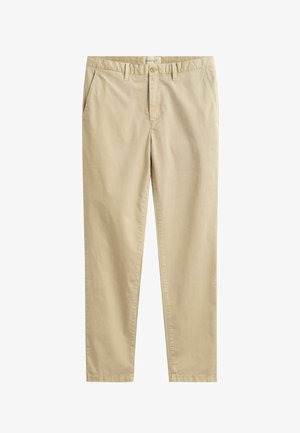 Beige Baumwollhosen mit geradem Bein, Gürtelschlaufen, seitlichen Taschen, Knopfverschluss und GANT Markenschild im Bundinnenseite.