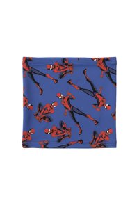 Blauwe stoffen nekkraag met herhaalde Spider-Man-illustraties in rood en zwart, waarin dynamische houdingen en details van het personage worden getoond.