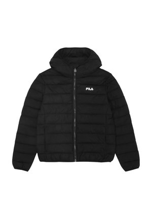 Black puffer jacket featuring a zip front and hood. Made from quilted material with a logo accent on the left chest. Smooth texture.