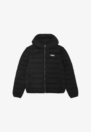 Czarna kurtka puchowa z zamkiem z przodu i kapturem. Wykonana z materiału pikowanego, z akcentem logo na lewej piersi. Gładka tekstura.