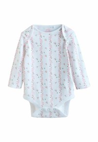 Valge pika varrukaga beebibody puuvillast, millel on lillemuster roosade lillede ja roheliste lehtedega, allääres neetidega kinnitustega.