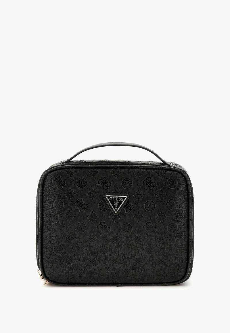 Trousse de maquillage noire avec motif de logo embossé, forme rectangulaire, poignée supérieure et fermeture éclair. Comprend une plaque métallique avec le logo sur le devant.