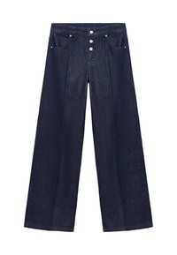 Breda ben mörka denimjeans med hög midja, tre knäppningar och två framfickor. Slät textur med minimala sömnadsdetaljer.