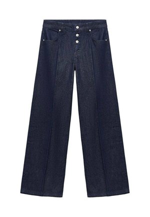 Wide-leg dark denim jeans featuring a high waist, three button closure, and two front pockets. Smooth texture with minimal stitching details.
