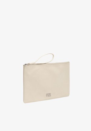 Krémový obdĺžnikový náramkový peňaženka so zipsom a malým strieborným logom „Bimba Y Lola“ vpredu.