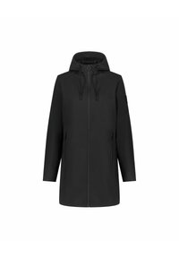 Parka nera impermeabile con cappuccio regolabile, chiusura frontale con zip e due tasche laterali. Texture liscia e design fino al ginocchio.