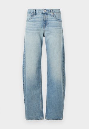 Light blue wide-leg denim jeans with front pockets, belt loops, and button closure.