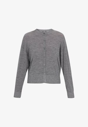 Harmaa neuletakki, jossa on pitkähihaiset hihat, pyöreä kaula-aukko ja nappikiinnitys ribbaushelman ja hihansuujen kanssa.