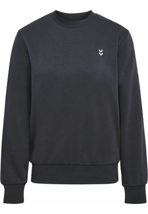 Ensfarvet mørk marineblå crewneck sweatshirt med lange ærmer og lille hvid dobbelt chevron-logo på venstre bryst.