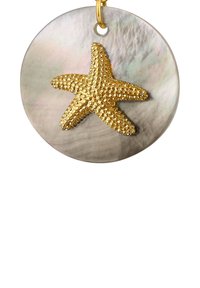Runder, schillernder Muschel-Anhänger mit einem strukturierten goldenen Seestern-Akzent. Mit einer kleinen Schlaufe zur Befestigung.