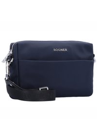 Borsa in nylon blu navy con una zip argentata, logo in rilievo e una tracolla nera staccabile. Tessuto liscio con una forma rettangolare.