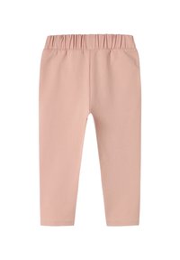 Svijetlopink leggingsevi izrađeni od meke, rastezljive tkanine s elastičnom pojasom i uskim krojem. Nema vidljivih uzoraka ili akcenta.