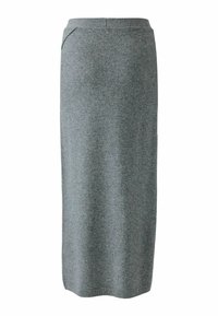Jupe midi en tricot gris avec une silhouette droite, dotée de poches latérales discrètes et d'un ourlet en côtes pour une texture supplémentaire.