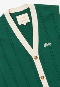 Cárdigan verde de punto con ribetes blancos, dos botones marrones, logo bordado "Blkvis" y etiqueta de la marca en el cuello.