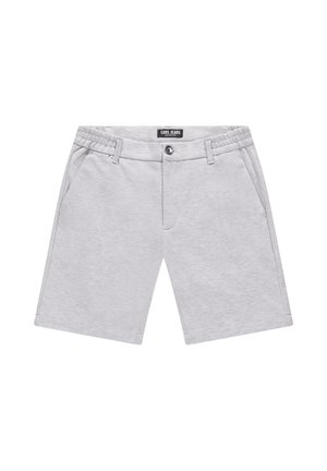 Grijze katoenen korte broek met een gladde textuur, voorzien van een elastische tailleband, twee zijzakken en een knoopsluiting aan de voorkant.