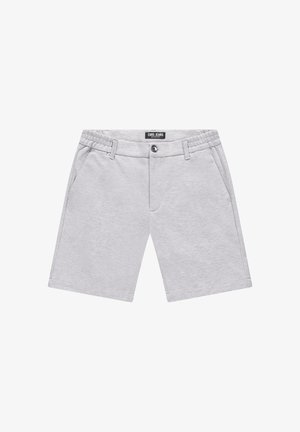 Grijze katoenen korte broek met een gladde textuur, voorzien van een elastische tailleband, twee zijzakken en een knoopsluiting aan de voorkant.