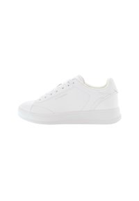 White low-top sneakers made of smooth synthetic material, featuring round toe, lace-up closure, and minimalistic design with logo detail.