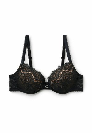 Soutien-gorge à armatures en dentelle noire avec motifs floraux, bretelles réglables et un petit bijou en forme de cœur au centre devant.
