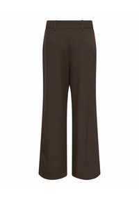 Braune weite Hosen aus einem glatten Material mit elastischem Bund. Verfügt über frontale Taschen und ein tailliertes Design für Komfort und Stil.