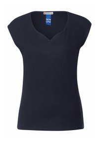 Top senza maniche a coste di colore blu navy, con scollo a V e spalle leggermente rinforzate. Presenta un orlo dritto e una texture liscia.