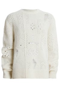 Cremfarbener gestrickter Pullover mit komplexen offenen Mustern, unregelmäßigen Löchern sowie einem gerippten Ausschnitt und Bündchen. Weiches, strukturiertes Material.