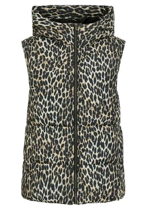 Mouwloze gewatteerde bodywarmer met capuchon in beige, zwart en wit luipaardprint en een ritssluiting aan de voorkant.