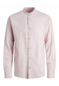 Camicia a maniche lunghe rosa chiaro con colletto alla cinese, chiusura a bottoni e tessuto testurizzato. Presenta un design minimalista senza fantasie.