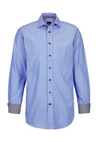 Camicia azzurra chiara a maniche lunghe, con bottoni davanti, taschino sul petto, polsini con motivo a contrasto, texture liscia, bottoni neri.