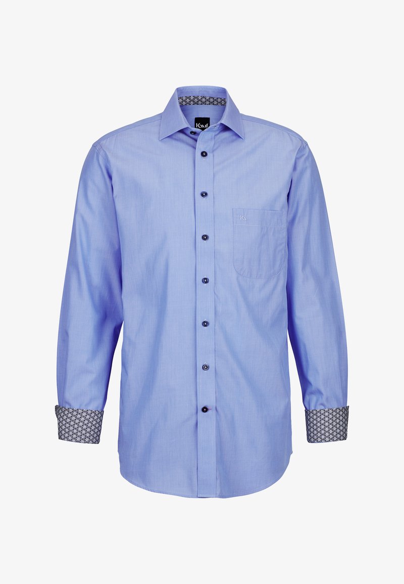 Helles blaues Langarmhemd, Knopfleiste vorne, eine Brusttasche, kontrastierende gemusterte Manschetten, glatte Textur, schwarze Knöpfe.