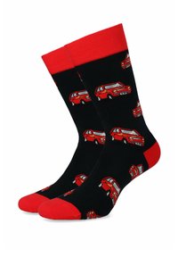 Czarne skarpetki z wzorem czerwonych samochodów, z czerwonymi akcentami przy mankiecie i palcach. Wykonane z materiału o gładkiej fakturze.