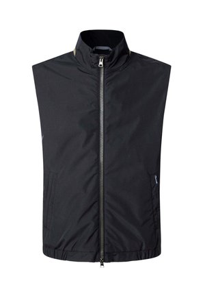 Schwarze ärmellose Jacke aus leichtem Material, mit hohem Kragen, Frontreißverschluss und zwei seitlichen Taschen.