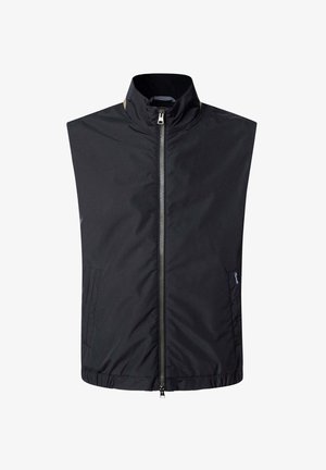 Giacca nera senza maniche realizzata in materiale leggero, con colletto alto, chiusura anteriore con zip e due tasche laterali.