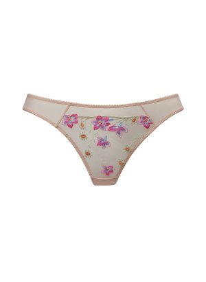 Beige stringtanga met multicolore bloemendessin, delicate kantafwerking langs de randen en een gladde, doorschijnende textuur.