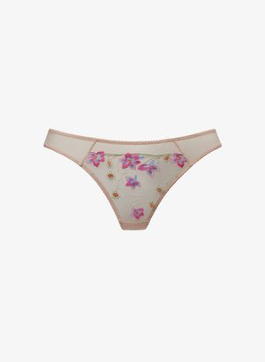 Beige thong underwear featuring multicolored floral embroidery, delicate lace trim along the edges, and a smooth, sheer texture.