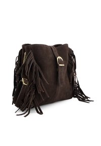 Brązowa torebka zamszowa z długimi frędzlami, złotą klamrą i zamkiem błyskawicznym. Kompaktowy design z fakturowaną powierzchnią.
